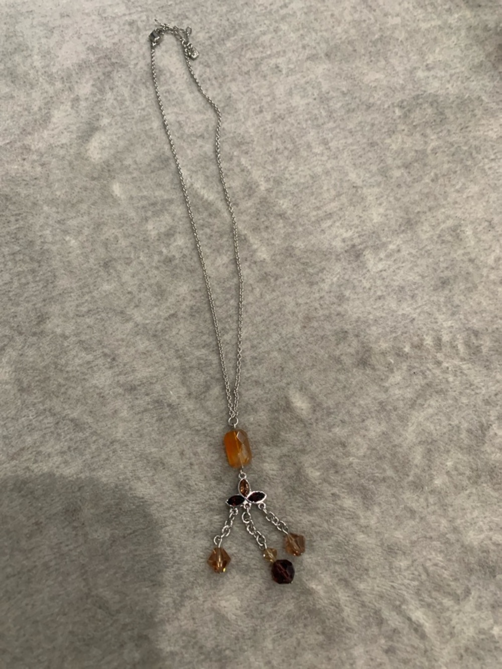 Silver Chain Necklace with Amber and Brown Gem Dangles